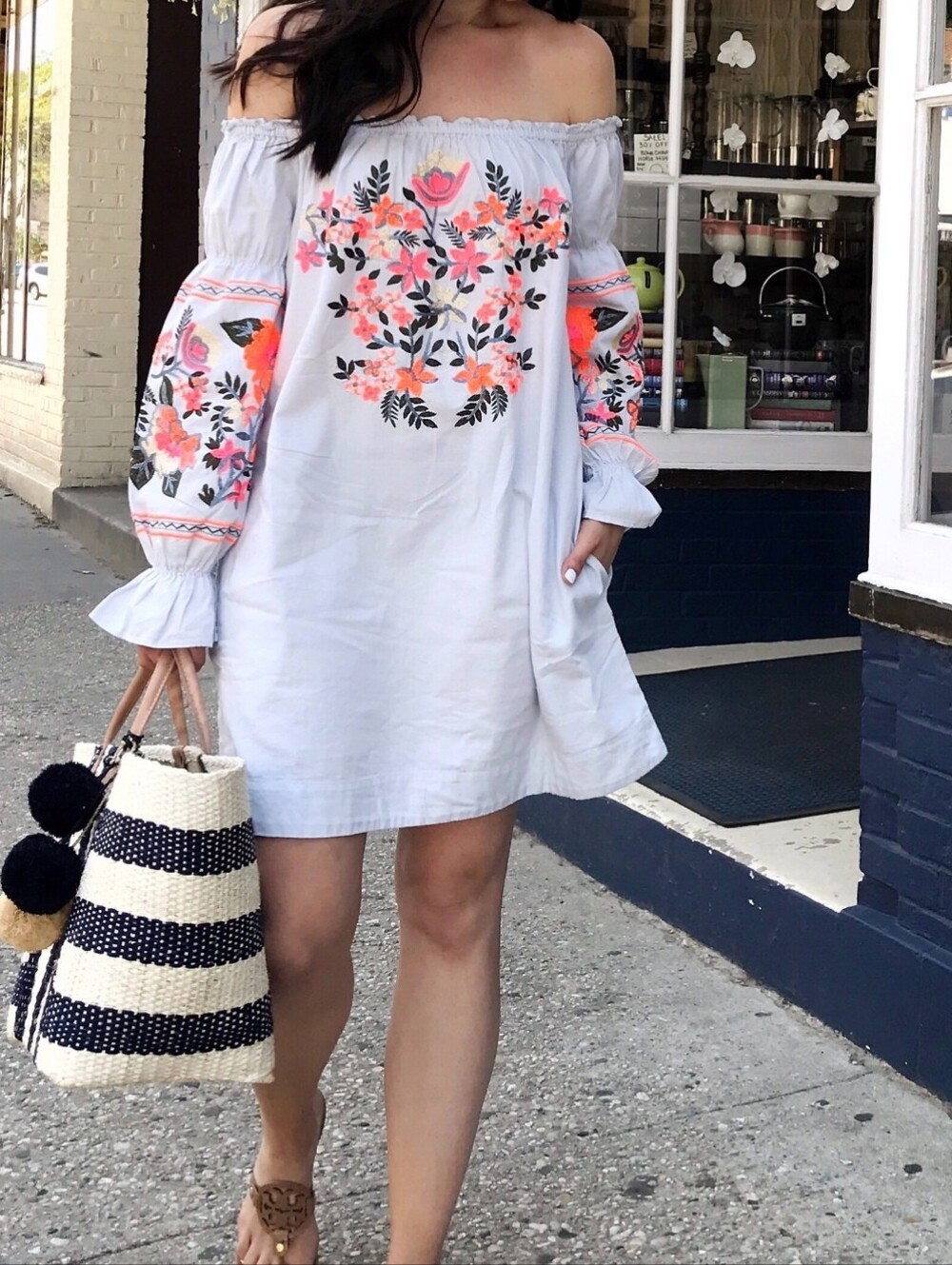 Free People White Off-Shoulder Mini Dress with Pink & Coral Floral Embroidery